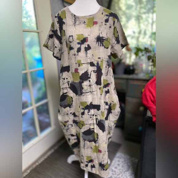 100% Linen short sleeve dress with geometric Print artsy comfortable size large - Picture 1 of 8